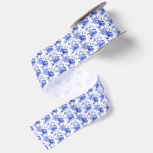 Blauw-wit bloemmotief uit het verleden satijnen lint