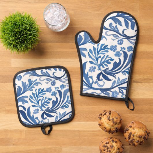 Blauw & Wit Bloemontwerp | Chinoiserie Pattern Ovenwant & Pannenlap Set (Top down)