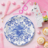 Blauw-wit bloempatje met vogel papieren bordje (Feest)