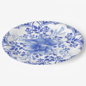 Blauw-wit bloempatje met vogel papieren bordje (Gekanteld)