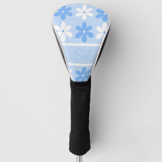 BLAUW WIT  BLOEMPATROON BLOEMEN INITIALEN GOLFHEADCOVER (Voorkant)