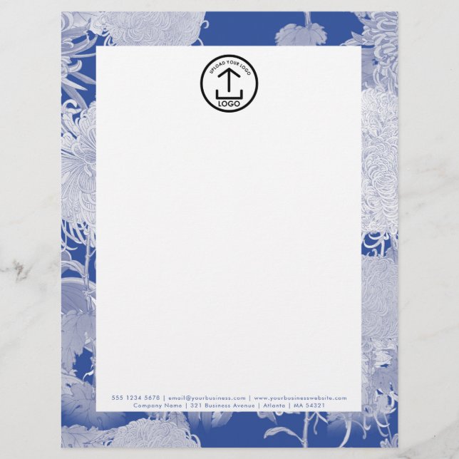  Blauw Wit Bloempatroon Letterhead Logo Briefhoofd (Voorkant)