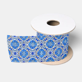Blauw wit bloempatroon Middellandse-stijl Satijnen Lint