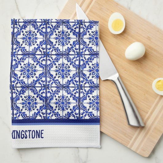 Blauw wit bloempatroon Middellandse Zee geïnspiree Theedoek (Quarter Fold)