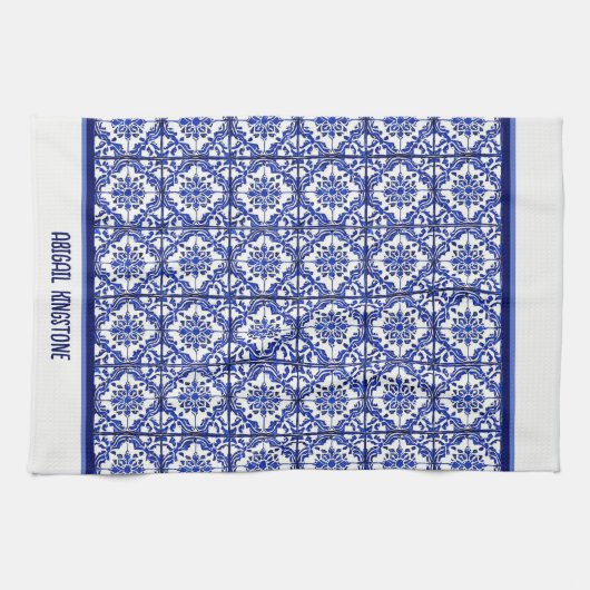 Blauw wit bloempatroon Middellandse Zee geïnspiree Theedoek (Horizontaal)