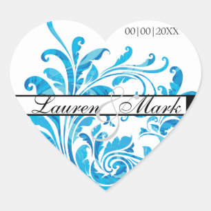 Blauw Wit Bloempatroon Save the Date Hart Sticker