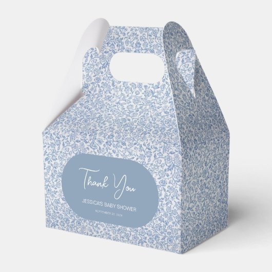 Blauw & Wit Bloempatroon Toile Boy Baby shower Bedankdoosjes (Voorkant Zijde)