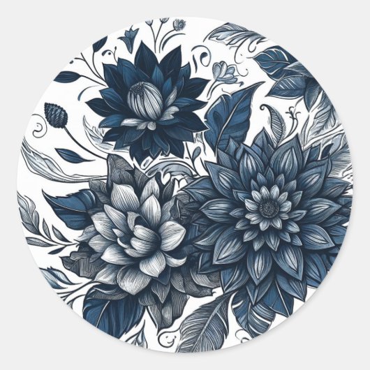 Blauw & Wit Boheem Bloem Bruiloft Ronde Sticker (Voorkant)