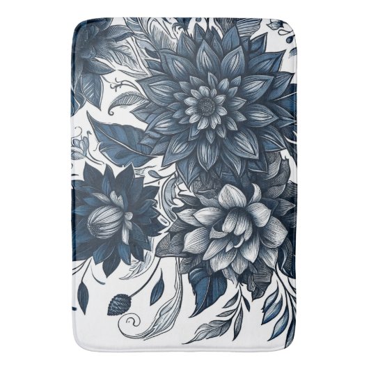 Blauw & Wit Boheems Bloemen Print Badmat (Voorkant Verticaal)