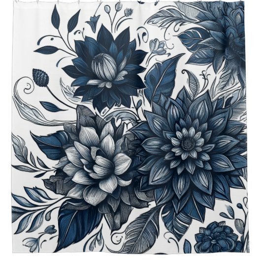 Blauw & Wit Boheems Bloemen Print Douchegordijn (Voorkant)