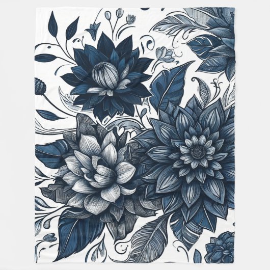Blauw & Wit Boheems Bloemen Print Fleece Deken (Voorkant)