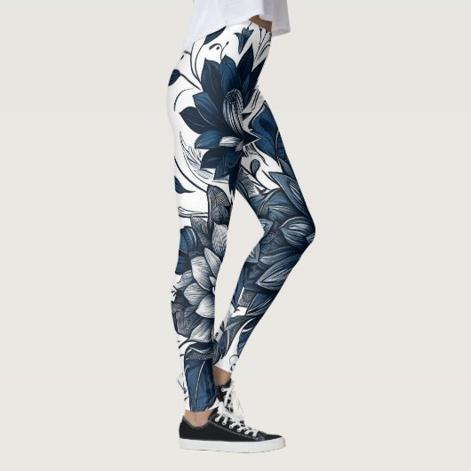 Blauw & Wit Boheems Bloemen Print Leggings (Rechts)