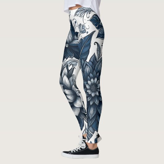 Blauw & Wit Boheems Bloemen Print Leggings (Links)