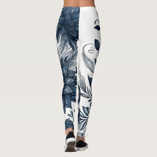 Blauw & Wit Boheems Bloemen Print Leggings (Achterkant)