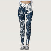 Blauw & Wit Boheems Bloemen Print Leggings (Voorkant)