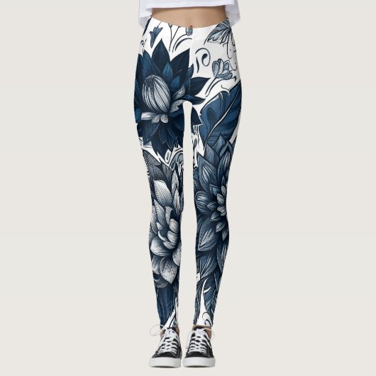 Blauw & Wit Boheems Bloemen Print Leggings (Voorkant)