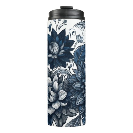 Blauw & Wit Boheems Bloemen Print Thermosbeker (Voorkant)