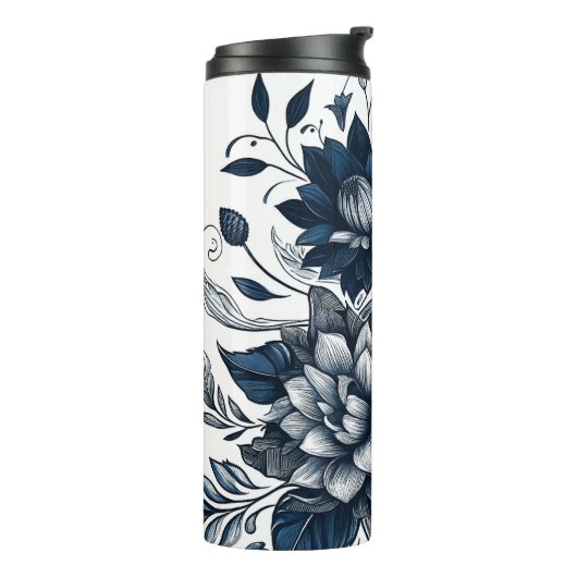 Blauw & Wit Boheems Bloemen Print Thermosbeker (Gedraaid links)