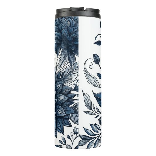 Blauw & Wit Boheems Bloemen Print Thermosbeker (Achterkant)