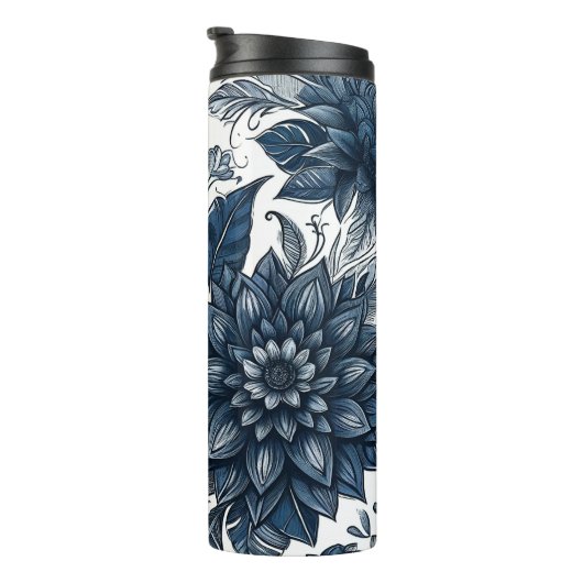 Blauw & Wit Boheems Bloemen Print Thermosbeker (Geroteerd rechts)