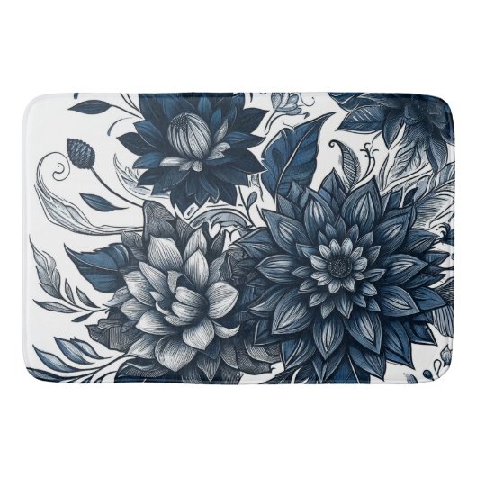 Blauw & Wit Boheems Bloemendessin Badmat (Voorkant)