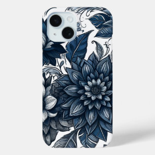 Blauw & Wit Boheems Bloemendessin iPhone 15 Case