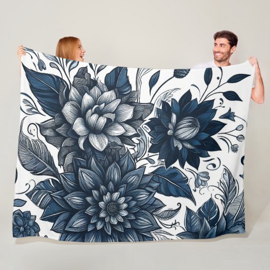 Blauw & Wit Boheems Bloemendessin Fleece Deken (In situ)