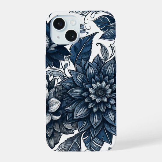 Blauw & Wit Boheems Bloemendessin iPhone 15 Case (Achterkant)