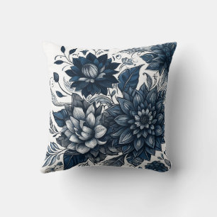 Blauw & Wit Boheems Bloemendessin Kussen