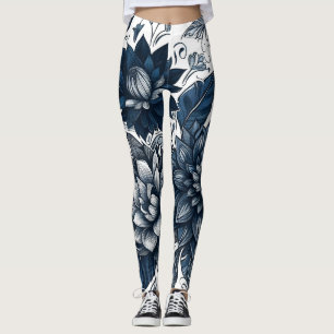 Blauw & Wit Boheems Bloemendessin Leggings