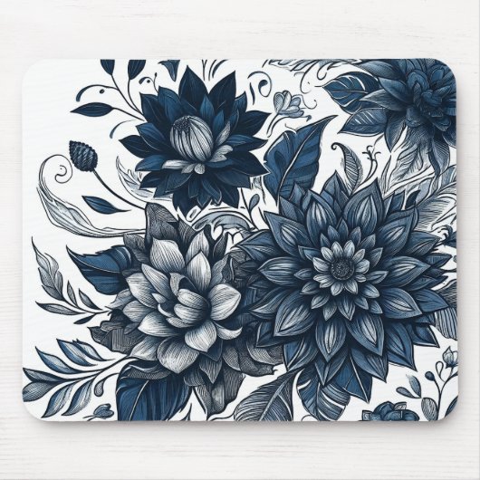 Blauw & Wit Boheems Bloemendessin Muismat (Voorkant)