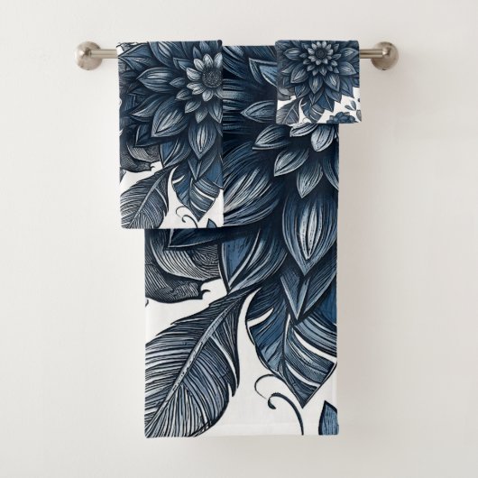 Blauw & Wit Boheemse Bloemenprint Bad Handdoek (Insitu)