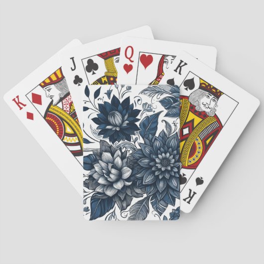 Blauw & Wit Boheemse Bloemenprint Pokerkaarten (Achterkant)