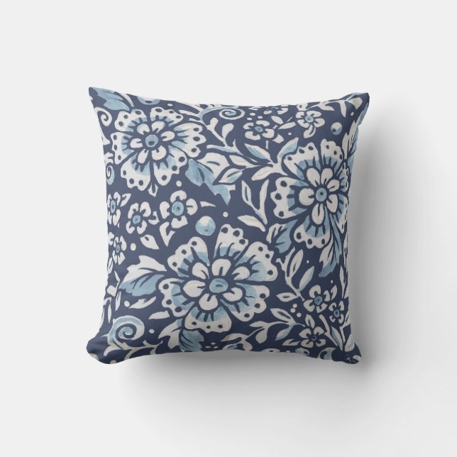  blauw Wit bos Damask Floral Woodland Kussen (Voorkant)