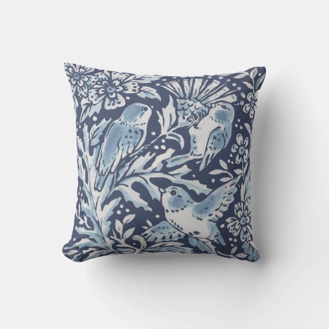  blauw Wit bos Vogels Thistle Woodland Kussen (Voorkant)