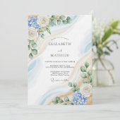 Blauw & Wit Botanisch Abstract Trouwen Kaart (Staand voorkant)
