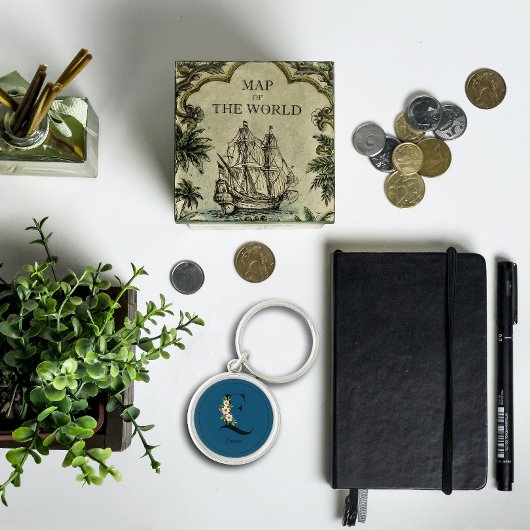 Blauw wit botanisch monogram Sleutelhanger