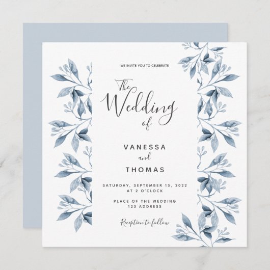 Blauw wit botanisch script bruiloft kaart (Voorkant / Achterkant)