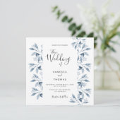Blauw wit botanisch script bruiloft kaart (Staand voorkant)