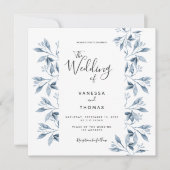 Blauw wit botanisch script bruiloft kaart (Voorkant)