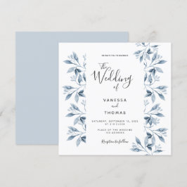 Blauw wit botanisch script bruiloft kaart