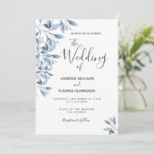 Blauw wit botanisch script bruiloft kaart (Staand voorkant)