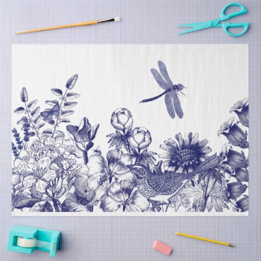 Blauw & wit botanische muurschildering decoupage tissuepapier (Craft)