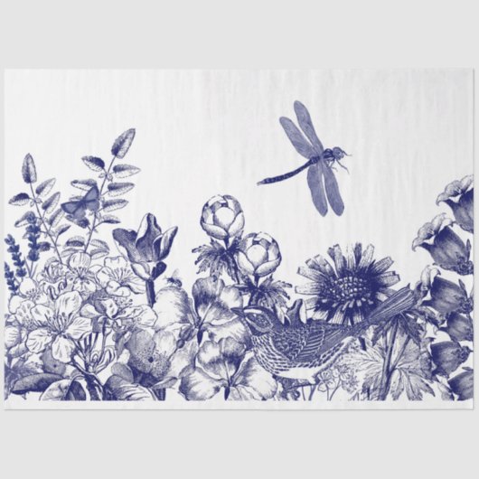 Blauw & wit botanische muurschildering decoupage tissuepapier (Voorkant)