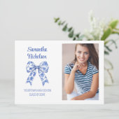 Blauw Wit Bow Graduation Party Foto Kaart (Staand voorkant)