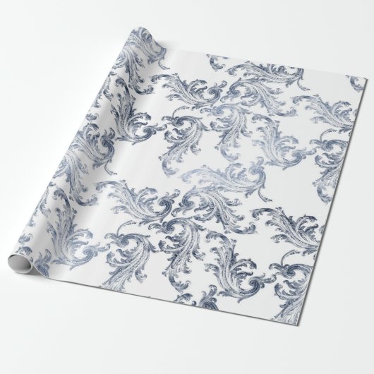 Blauw & Wit Brocade  Cadeaupapier (Uitgerold)