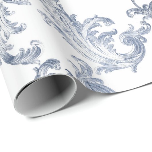 Blauw & Wit Brocade Cadeaupapier (Rol Hoek)