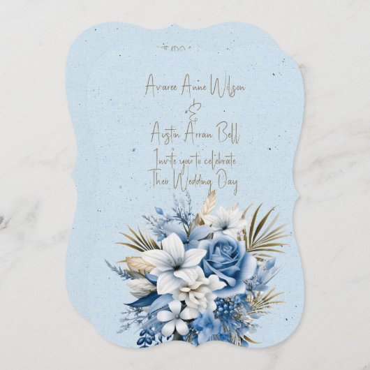 Blauw Wit Bruin Bloemen Bruiloft Boeket Kaart (Voorkant / Achterkant)