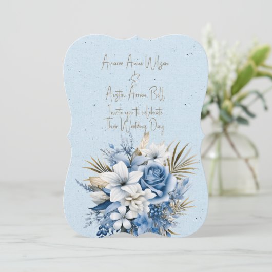 Blauw Wit Bruin Bloemen Bruiloft Boeket Kaart (Staand voorkant)