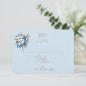 Blauw Wit Bruin Bloemen Bruiloft Boeket RSVP Kaartje (Staand voorkant)